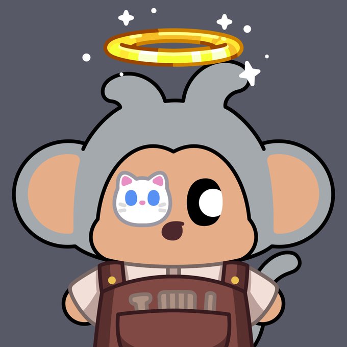 An illustrated character resembling a cute gray mouse or koala wearing a halo and brown overalls, with one eye replaced by a Hello Kitty-like cat face design, set against a gray background.