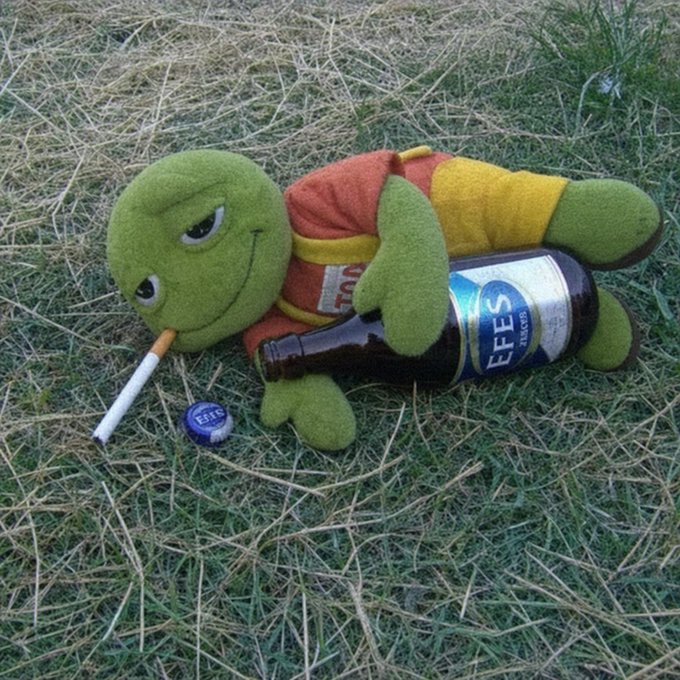 A green turtle plush toy lies in the grass holding an Efes beer bottle with a cigarette in its mouth.