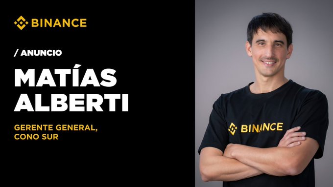 An announcement image featuring a smiling man in a black Binance t-shirt with crossed arms against a gray background. Text identifies him as "Matías Alberti, Gerente General, Cono Sur," supporting the post's announcement of his new role as General Manager of Binance for Argentina and the Southern Cone.