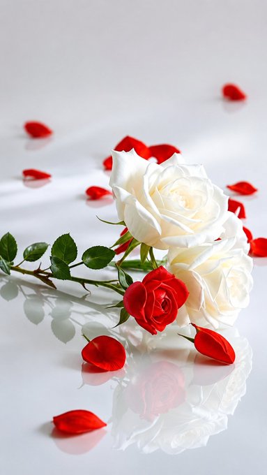 Decorative still life of white and red roses with scattered rose petals arranged on a reflective white surface.