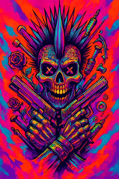 A vibrant neon-colored illustration of a skull with a mohawk holding crossed pistols, surrounded by additional weapons and roses against a bright orange and pink background.