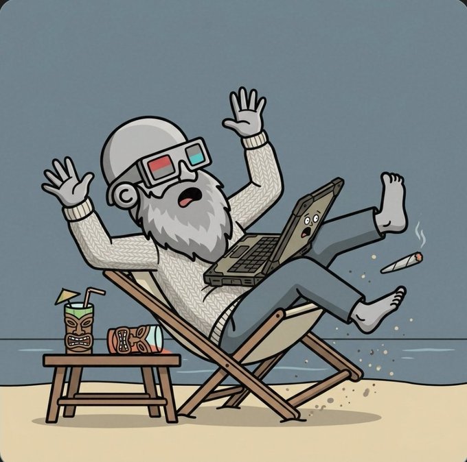 A cartoon illustration of an elderly bearded man wearing 3D glasses, lounging in a beach chair with his arms raised in surprise while a laptop on his lap displays a shocked face, with a tiki drink and smoking joint nearby.