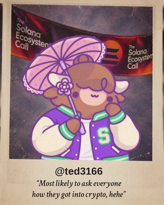 A Polaroid-style illustration of a cartoon character with a purple parasol wearing a letterman jacket with 'S' on it, captioned '@ted3166' with the quote 'Most likely to ask everyone how they got into crypto, hehe' in front of a 'The Solana Ecosystem Call' banner.