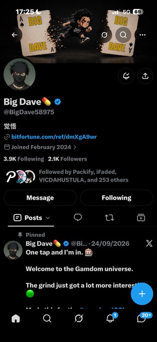 A Twitter/X profile screenshot for 'Big Dave 🌭' (@BigDave58975), a verified account with 3.9K Following and 2.1K Followers, showing a pinned post dated 24/09/2026 that reads 'One tap and I'm in. Welcome to the Gamdom universe. The grind just got a lot more interest'.