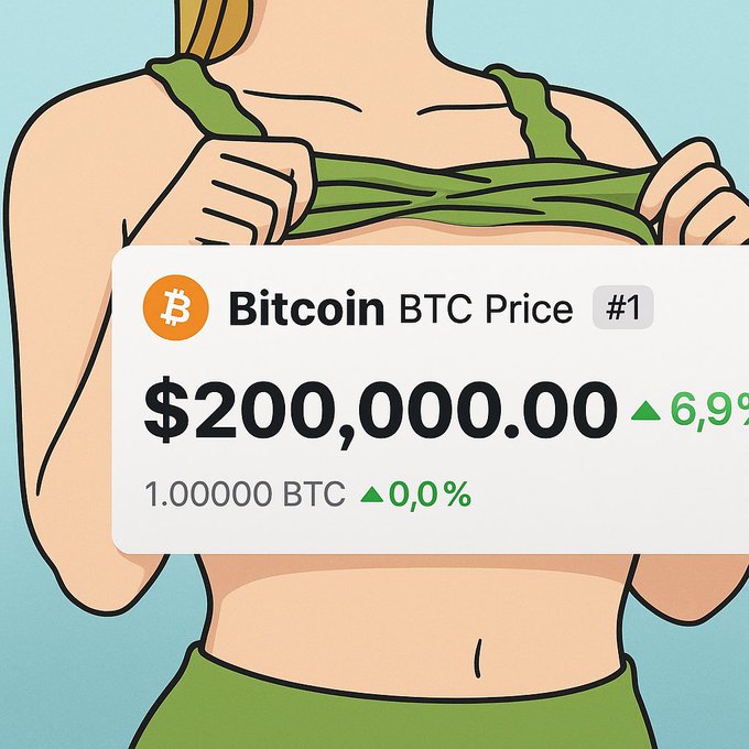 An illustration of a woman in a green top appears behind a graphic showing the Bitcoin (BTC) price at $200,000.00, up 6.9%.