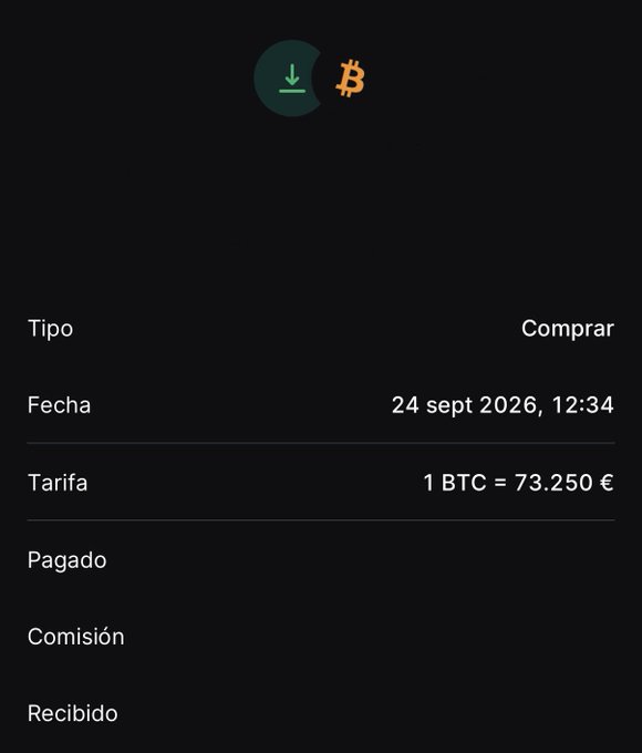 A cryptocurrency purchase confirmation screen displays "Tipo: Comprar", "Fecha: 24 sept 2026, 12:34", and "Tarifa: 1 BTC = 73.250 €" in Spanish.