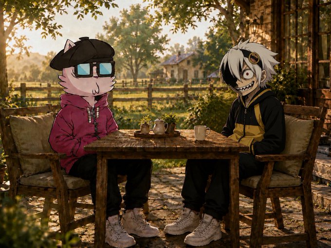 An illustrated scene of two anime-style characters sitting at a wooden table outdoors, one wearing a cat hoodie with sunglasses and the other in a black and yellow outfit with spiky hair.