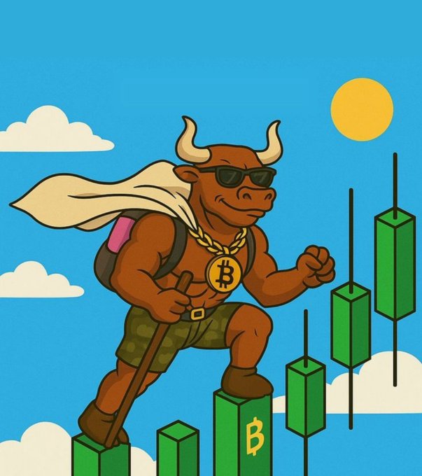 This illustration depicts a strong bull wearing a Bitcoin necklace, confidently climbing green candlestick charts, symbolizing a potential cryptocurrency bull run. The image directly relates to the post's question by visually representing the concept of upward market movement.