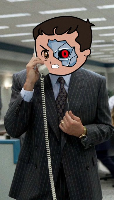 A man in a pinstripe business suit talking on a corded landline phone in an office, with a cartoonish cybernetically enhanced face (half robotic, half red-eyed) edited over his head.