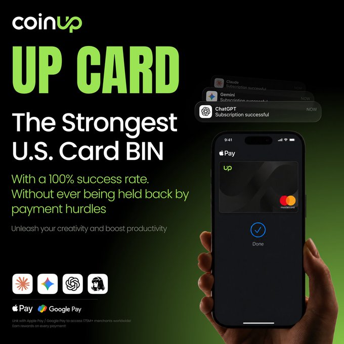 The image shows a person holding an iPhone that has a payment app installed called "UP Card" displayed on its screen. The app appears to be for streaming services, such as Netflix or YouTube, which are known for their user-friendly interfaces. The person is using this app to pay for their entertainment, and the post suggests that it's a strong U.S. card suitable for various online platforms.