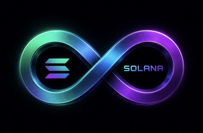 Solana cryptocurrency logo as a glowing neon infinity symbol with gradient colors, featuring the Solana 'S' emblem and 'SOLANA' text.
