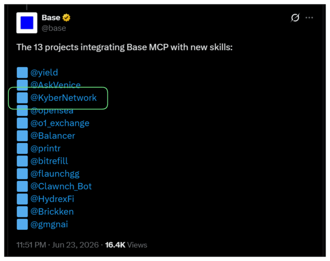 A tweet from @base dated June 23, 2026 lists "The 13 projects integrating Base MCP with new skills," with @KyberNetwork (highlighted in a green box) included among the projects alongside @yield, @AskVenice, @opensea, @1_exchange, @Balancer, @printr, @bitrefill, @flaunchgg, @Clawnch_Bot, @HydrexFi, @Brickken, and @gmgnai. The post has garnered 16.4K views and relates to KyberSwap's announcement of being live on Base MCP, @base's platform enabling AI agents like Claude to interact with onchain applications.