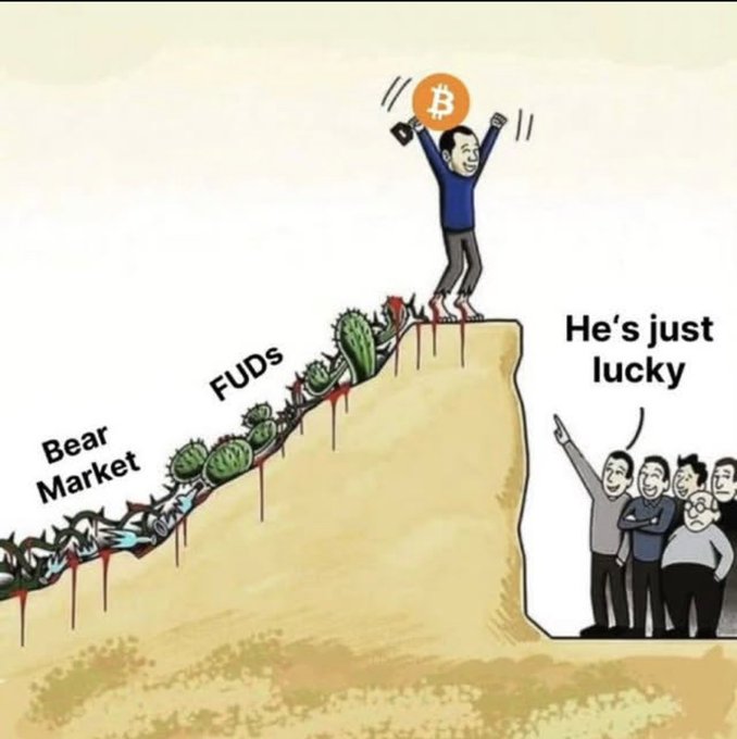 A cartoon meme shows a Bitcoin holder standing triumphantly atop a cliff while others point and say 'He's just lucky,' having climbed past a 'Bear Market' filled with cacti and 'FUDs' covered in blood.