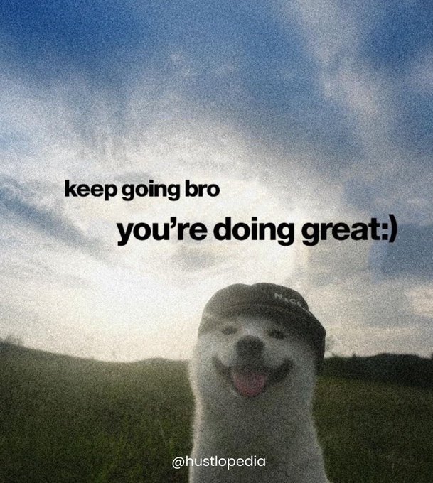 Motivational meme with a smiling white dog wearing a black cap against a cloudy sky background, captioned 'keep going bro you're doing great:)' credited to @hustlopedia.