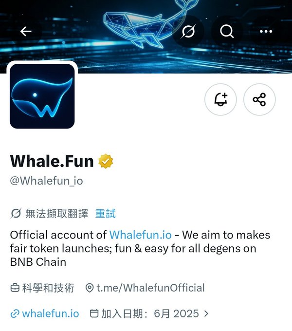 This image displays a Twitter/X profile page for the verified account **Whale.Fun (@Whalefun_io)**, which describes itself as the "Official account of Whalefun.io" focused on "fair token launches; fun & easy for all degens on BNB Chain," categorized under Science and Technology and joined in June 2025.

The profile aligns with the accompanying post promoting a giveaway event (50U prize pool with 5 winners of 10U each) and encouraging users to follow @Whalefun_io for a chance to participate in the lucky draw for a one-click token issuance platform.