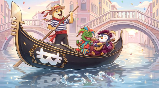 A cartoon bear in a striped shirt rows a Venetian gondola carrying a jester and a pirate mascot through a canal, with a Bitcoin symbol on the boat, fitting the "$NAKA Army" call to engage in the Nakamoto ecosystem.