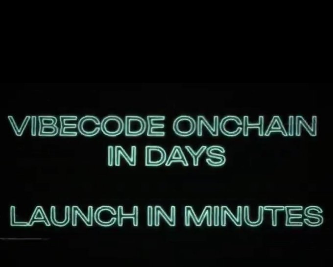The image features a neon sign with text written on it, which reads "Vibecode ONCHAIN IN DAYS Launch IN MINUTES". The neon sign has a green glow that stands out against the black background. The words "Vibecode" and "ONCHAIN" are written in white letters, while "IN DAYS" is written in blue letters. The text appears to be promoting an app or project related to blockchain technology.