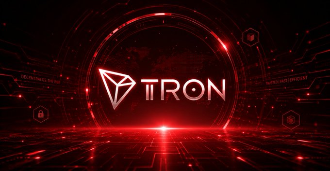 A futuristic digital graphic prominently features the TRON logo and text in red and white at the center, surrounded by circuit-like patterns and a glowing technological backdrop. Small text reads "DECENTRALIZE THE WEB" on the left and "TRUSTED | FAST | EFFICIENT" on the right, reinforcing the post's message about TRON's role in building a connected, efficient, and accessible digital financial future.