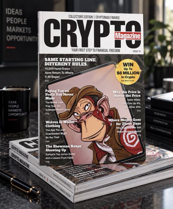 The image shows a "CRYPTO Magazine" Collectors Edition (Issue 15) titled "Same Starting Line, Different Rules," featuring an ape caricature on the cover alongside headlines like "10,000 Hand-Drawn Apes Return To Where It All Began," "WIN Up To $6 MILLION In Crypto," and "Where Money Goes for Three Days." The "big bang" caption ties into the magazine's playful anticipation of explosive crypto market activity, humorously echoing the bold "$6 Million" win promotion featured on the cover.