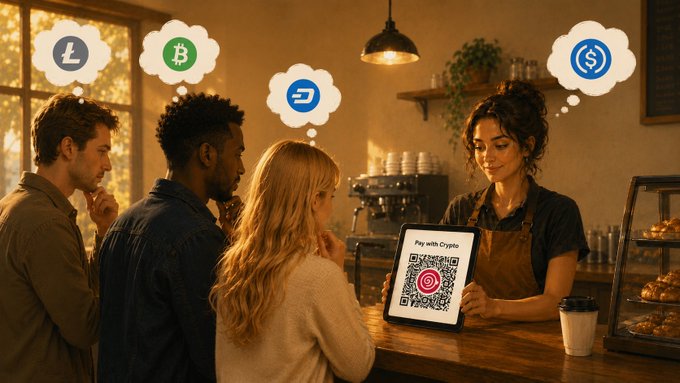 The image shows a group of people sitting at a table, with one person holding up their phone displaying a QR code. The QR code appears to be related to cryptocurrency or payment methods like Bitcoin Cash, Bitcoin, and Ripple. The people are gathered around the table in what seems to be a café setting, possibly discussing the QR code or its implications on the current financial landscape.
