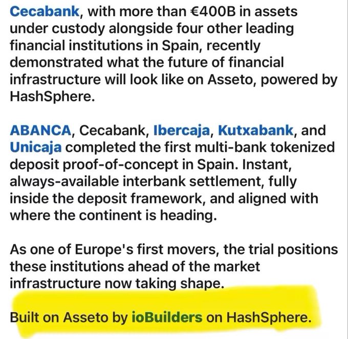 A graphic highlighting that Cecabank, ABANCA, Ibercaja, Kutxabank, and Unicaja have completed Spain's first multi-bank tokenized deposit proof-of-concept on Asseto (powered by HashSphere/Hedera), built by ioBuilders, supporting the post's claim of a quiet Hedera-based tokenized deposit pilot by five Spanish banks ($HBAR).