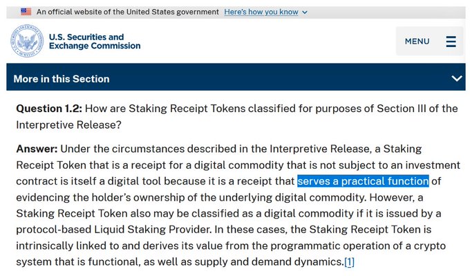 A screenshot of a U.S. Securities and Exchange Commission FAQ explaining how Staking Receipt Tokens are classified, highlighting that they 'serve a practical function' of evidencing ownership.