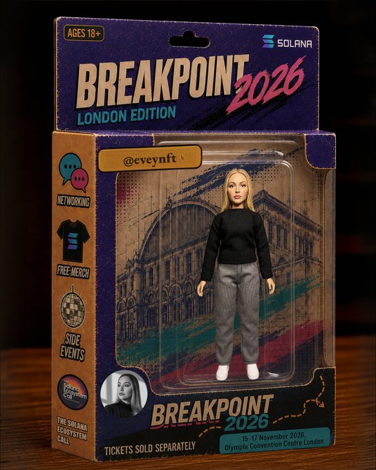An action figure-style package advertises "Breakpoint 2026 London Edition" featuring a blonde figurine labeled "@eveynft," with event details for November 15-17, 2026 at Olympia Convention Centre London. The caption playfully laments not receiving a free Breakpoint ticket despite the merchandise, while promoting the Solana Ecosystem Call happening Thursday at 2pm UTC.