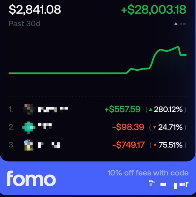 A dark-themed 'fomo' app dashboard shows a past 30-day portfolio gain of +$28,003.18 and a current balance of $2,841.08.