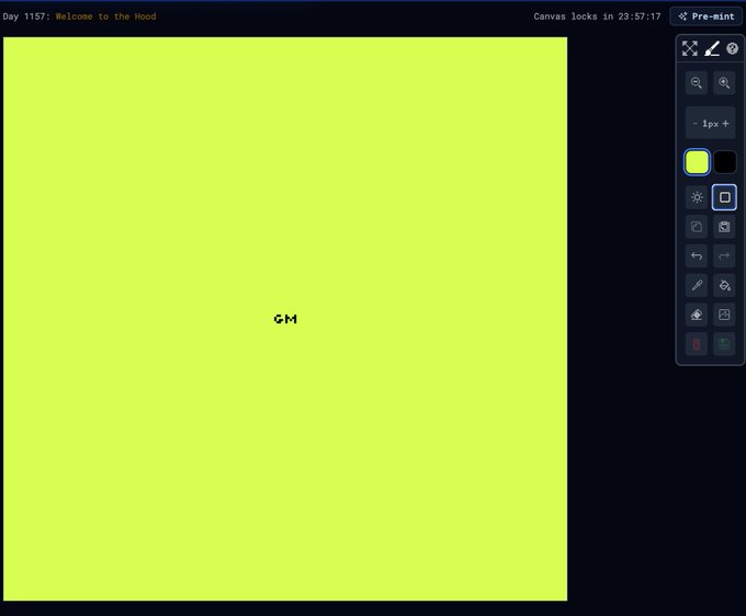 A bright yellow-green canvas with the text "GM" centered on it, displayed on the BasePaint platform for Day 1157's "Welcome to the Hood" collaborative pixel art event, with a 23:57:17 countdown timer before the canvas locks.