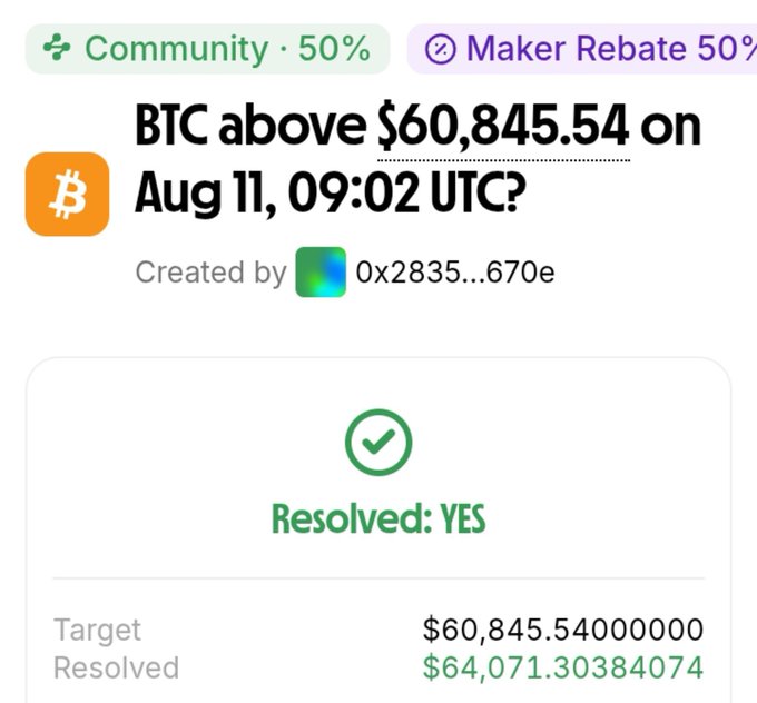 A prediction market screenshot showing a resolved YES outcome for 'BTC above $60,845.54 on Aug 11, 09:02 UTC?', with a target of $60,845.54000000 and resolved value of $64,071.30384074.