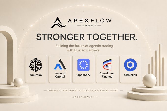 A promotional banner for "ApexFlow Agent" titled "STRONGER TOGETHER. Building the future of agentic trading with trusted partners," featuring partner logos including Neurolov, Ascend Capital, OpenServ, Aerodrome Finance, and Chainlink.