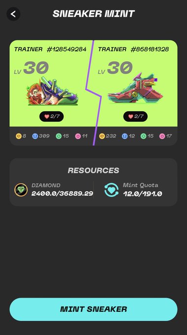 Sneaker Mint app screen showing two Level 30 trainers (#428549284 and #868181328) with 2/7 hearts each, diamond balance of 2400.0/36889.29, and Mint Quota of 12.0/191.0.