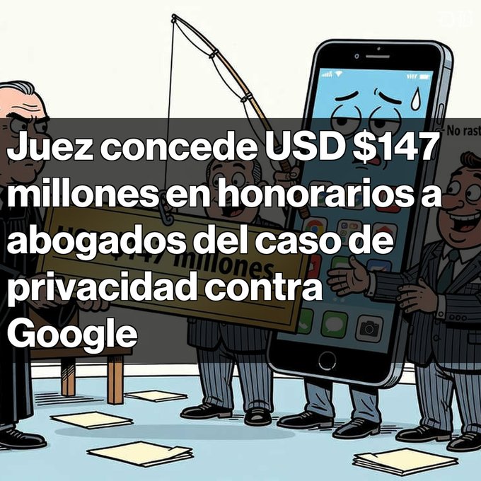 A cartoon illustration of a courtroom scene with a phone character and lawyers, overlaid with Spanish text: "Juez concede USD $147 millones en honorarios a abogados del caso de privacidad contra Google."