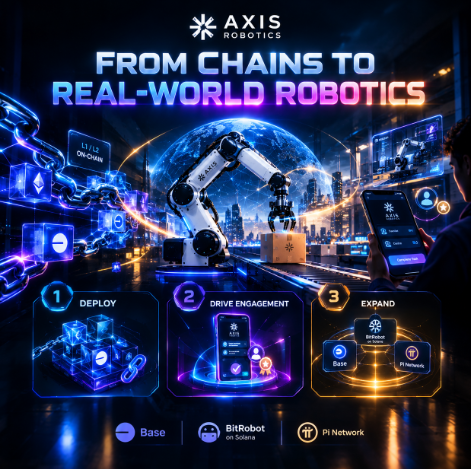 Promotional graphic for Axis Robotics titled 'From Chains to Real-World Robotics' featuring a robotic arm, with sections labeled 'Deploy,' 'Drive Engagement,' and 'Expand' referencing Base, BitRobot on Solana, and Pi Network.