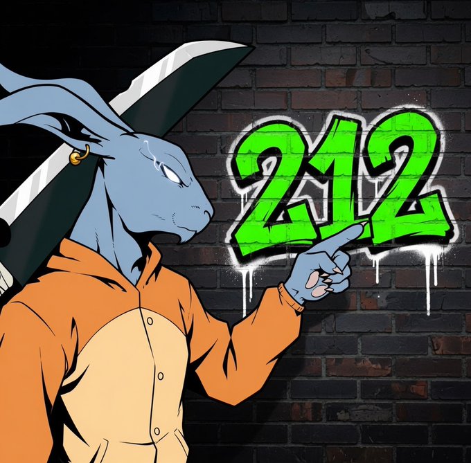 An anime-style illustration of a blue anthropomorphic rabbit wearing an orange and beige jacket, holding a large knife over its shoulder while spray-painting green graffiti '2K2' on a brick wall.