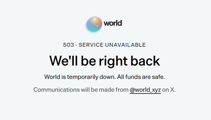 A "503 Service Unavailable" error page from World (world.xyz) displays the message "We'll be right back" and reassures users that "All funds are safe," amid post announcing the crypto project faced website chaos.