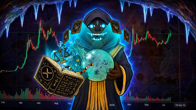 An illustration of a hooded figure with glowing blue eyes holding a glowing crystal ball and an open book with symbols, set against a background of red and green stock charts and a cave-like ceiling.