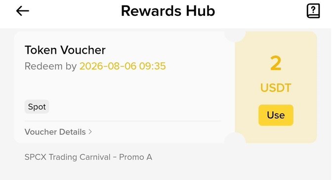 A 'Rewards Hub' screen displays a Token Voucher worth 2 USDT for Spot trading, redeemable by 2026-08-06, from 'SPCX Trading Carnival - Promo A'.