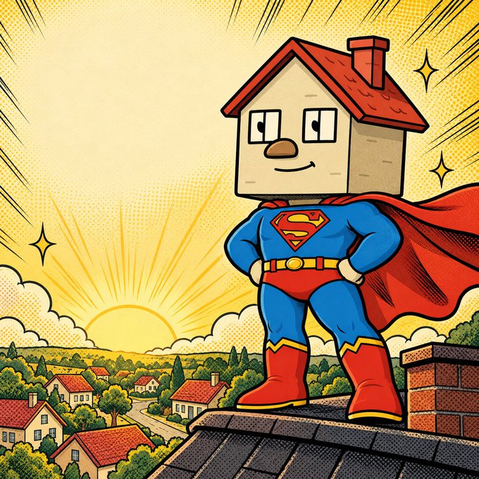 A cartoon illustration depicts a house-headed character dressed as Superman, wearing a blue suit with red cape and boots, standing on a rooftop overlooking a sunlit suburban neighborhood.