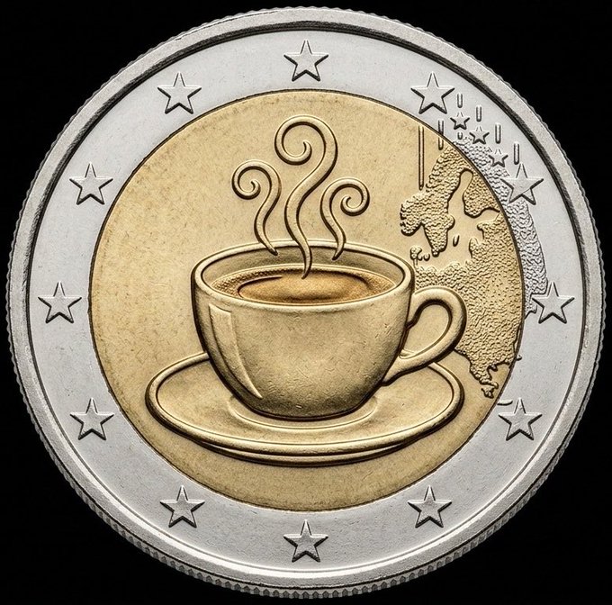 A close-up of a 2 Euro coin featuring a steaming cup of coffee on the reverse side, replacing the standard map design.