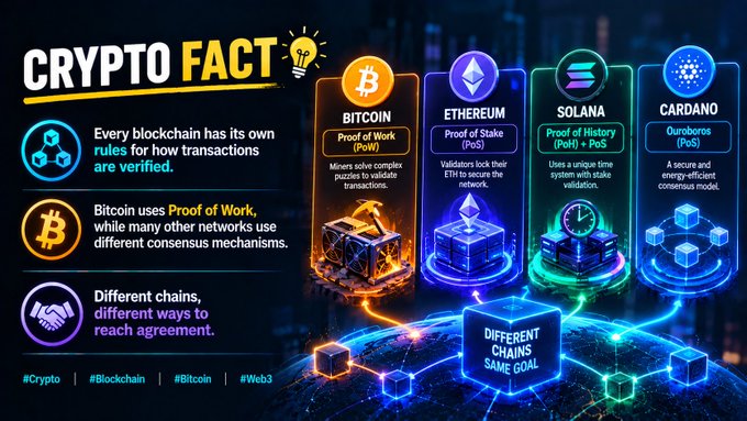 An infographic titled 'CRYPTO FACT' explaining blockchain consensus mechanisms, featuring icons for BITCOIN (Proof of Work), ETHEREUM (Proof of Stake), SOLANA (Proof of History), and CARDANO (Ouroboros).