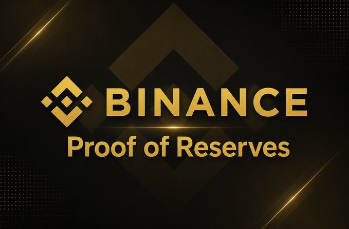 Binance logo in gold with the text "Proof of Reserves" against a dark background with gold geometric accents.