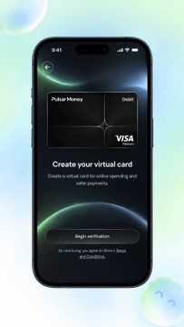 A smartphone displays a virtual Visa debit card creation screen with options to 'Pulse Money' or 'Debit', prompting the user to 'Create your virtual card' for online spending and safer payments, with a 'Begin verification' button.