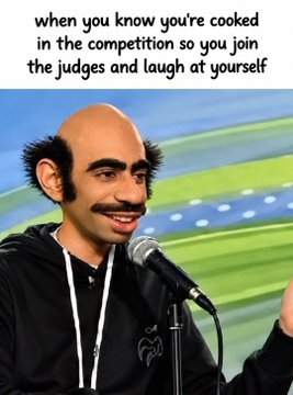A meme showing a man speaking into a microphone with the text: 'when you know you're cooked in the competition so you join the judges and laugh at yourself'.