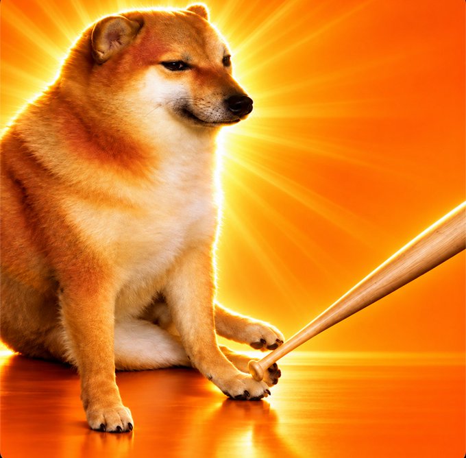 A Shiba Inu dog sits against an orange background with light rays, holding a wooden baseball bat with its paw.