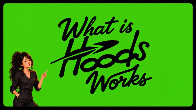 A green graphic with black handwritten text reading 'What is Hoods Works' features a woman with long dark hair in a black outfit pointing toward the text.