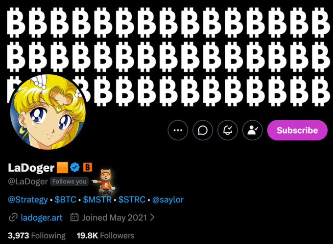 A Twitter/X profile page for LaDoger (@LaDoger), a crypto-focused account featuring a Sailor Moon profile picture and B-themed background, with links to $BTC, $MSTR, $STRC, and @saylor.