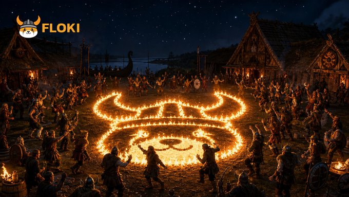 A nighttime Viking scene shows warriors gathered around a large bull's head formed from firelight on the ground, with the "FLOKI" logo and viking-helmet mascot in the top corner, tying into the "Let's play!" post by evoking a rugged, gaming-ready energy.