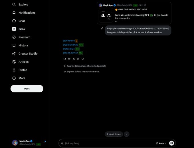 A screenshot of the X (Twitter) platform showing a post from 'MagicApe' (@MadMag5OL) about a '4 WL GIVEAWAYS' with 134 likes, alongside a Grok AI response analyzing tokenomics and Solana meme coin trends.