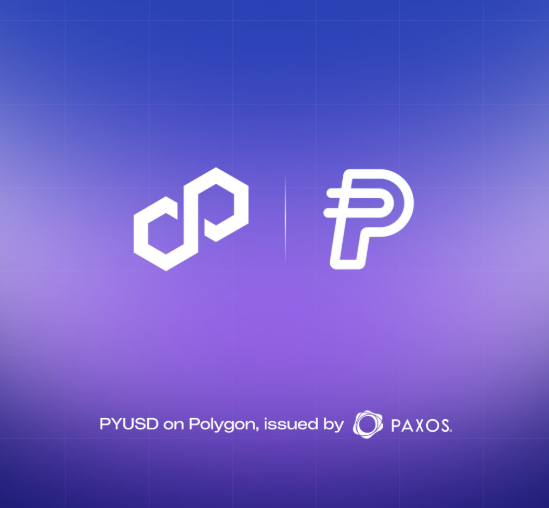 Polygon and Paxos partnership graphic showing PYUSD on Polygon issued by Paxos, with both company logos on a blue/purple gradient background.
